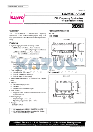 LC72136 datasheet - PLL Frequency Synthesizer for Electronic Tuning