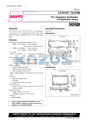 LC72137 datasheet - PLL Frequency Synthesizer for Electronic Tuning