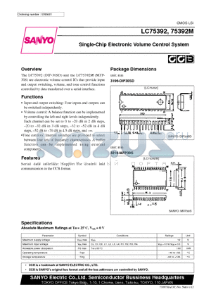 LC75392 datasheet - Single-Chip Electronic Volume Control System