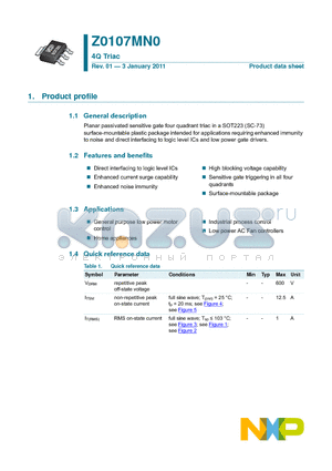 Z0107MN0 datasheet - 4Q Triac General purpose low power motor control