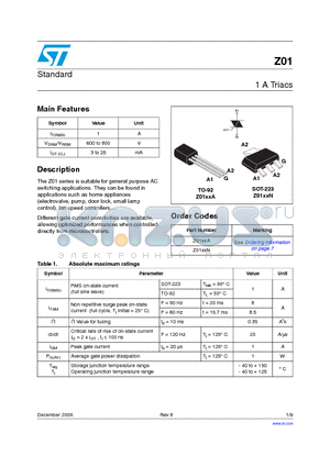 Z0107NN5AL2 datasheet - 1 A Triacs