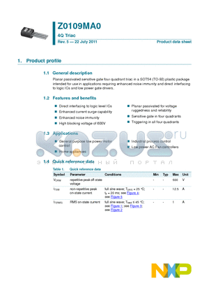 Z0109MA0 datasheet - Logic level four-quadrant triac