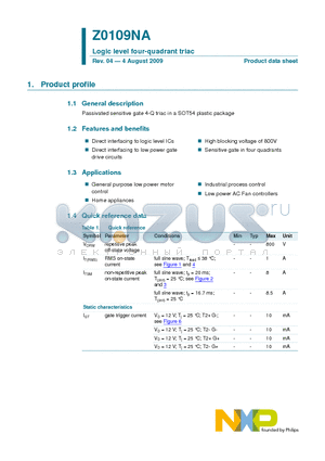 Z0109NA datasheet - Logic level four-quadrant triac