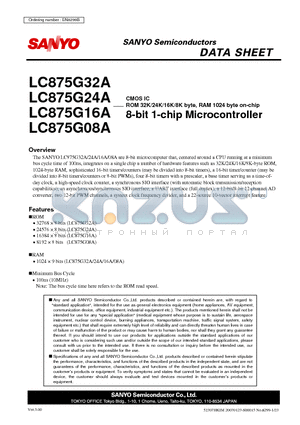 LC875G08A datasheet - ROM 32K/24K/16K/8K byte, RAM 1024 byte on-chip 8-bit 1-chip Microcontroller