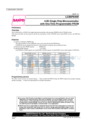 LC86P6449 datasheet - 8-Bit Single Chip Microcontroller with One-Time Programmable PROM