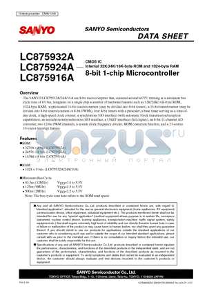 LC875916A datasheet - CMOS IC Internal 32K/24K/16K-byte ROM and 1024-byte RAM 8-bit 1-chip Microcontroller