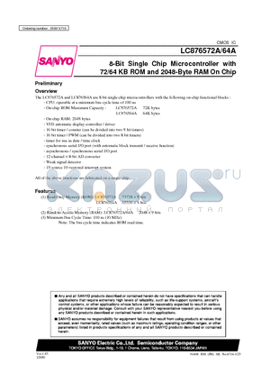 LC876572A datasheet - 8-Bit Single Chip Microcontroller with 72/64 KB ROM and 2048-Byte RAM On Chip