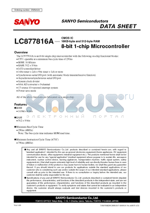 LC877816A datasheet - CMOS IC 16KB-byte and 512-byte RAM 8-bit 1-chip Microcontroller