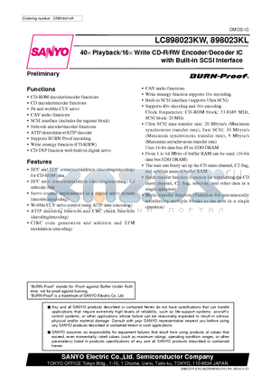 LC898023KL datasheet - 40d Playback/16d Write CD-R/RW Encoder/Decoder IC with Built-in SCSI Interface