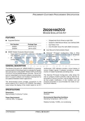 Z0220100ZCO datasheet - MODEM EVALUATION KIT