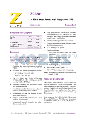 Z0220112VECR3470T datasheet - V.22BIS Data Pump with INTEGRATED AFE