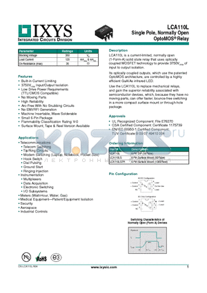 LCA110L datasheet - Single Pole, Normally Open OptoMOS Relay