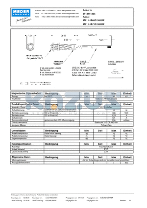 MK11-1A71C-3000W datasheet - MK Reed Sensors