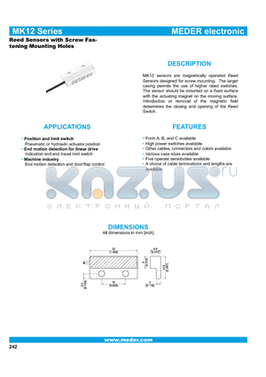 MK12-1B90C-500W datasheet - Reed Sensors with Screw Fastening Mounting Holes