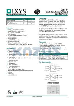 LCB127S datasheet - Single-Pole, Normally Closed OptoMOS Relay