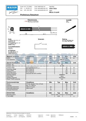 MK20-1-D-200W datasheet - MK Reed Sensors