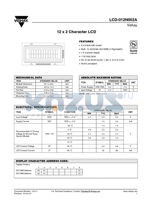 LCD-012N002A datasheet - 12 x 2 Character LCD
