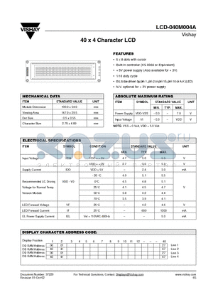 LCD-040M004A datasheet - 40 x 4 Character LCD