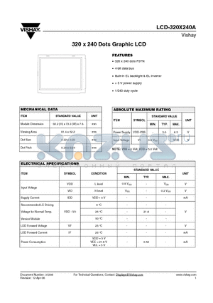 LCD-320X240A datasheet - 320 x 240 Dots Graphic LCD