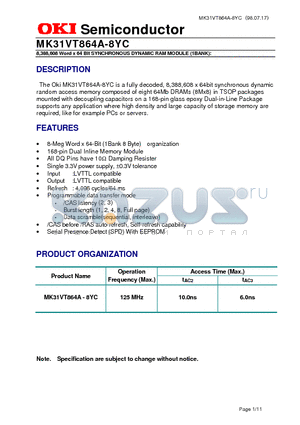 MK31VT864A datasheet - 8,388,608 Word x 64 Bit SYNCHRONOUS DYNAMIC RAM MODULE (1BANK)