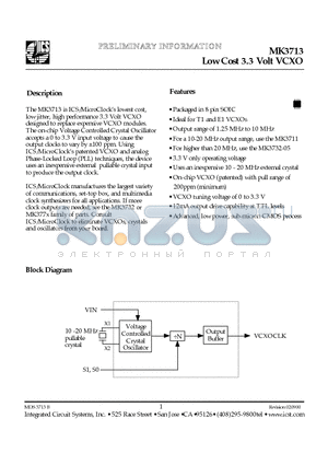 MK3713 datasheet - Low Cost 3.3 Volt VCXO