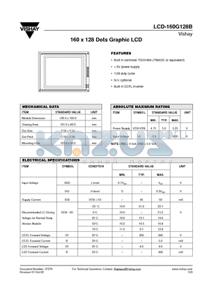 LCD160G128B datasheet - 160 x 128 Dots Graphic LCD