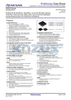 R5F52106ADLJ datasheet - 50-MHz 32-bit RX MCUs, 78 DMIPS, up to 512-KB flash memory, 12-bit AD, 10-bit DA