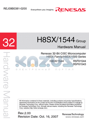 R5F61544 datasheet - Renesas 32-Bit CISC Microcomputer H8SX Family/H8SX/1500 Series