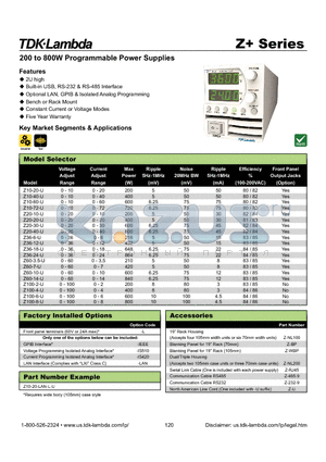 Z20-20-U datasheet - 200 to 800W Programmable Power Supplies