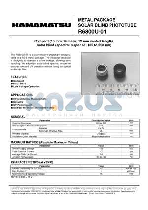 R6800U-01 datasheet - METAL PACKAGE SOLAR BLIND PHOTOTUBE