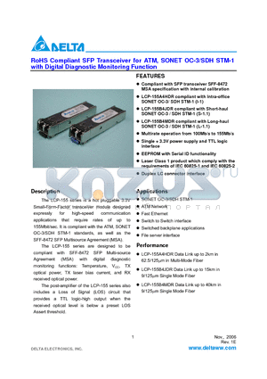 LCP-155B4MDRT datasheet - RoHS Compliant SFP Transceiver for ATM, SONET OC-3/SDH STM-1 with Digital Diagnostic Monitoring Function