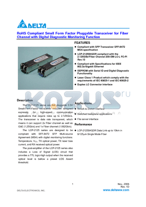 LCP-2125B4QDRH datasheet - RoHS Compliant Small Form Factor Pluggable Transceiver for Fiber Channel with Digital Diagnostic Monitoring Function