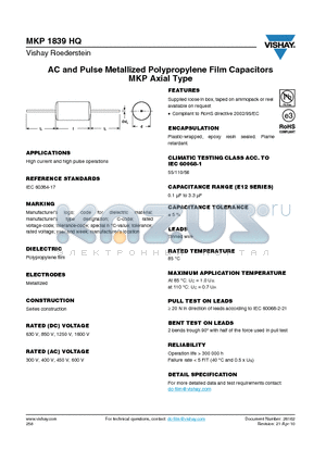 MKP1839HQ datasheet - AC and Pulse Metallized Polypropylene Film Capacitors MKP Axial Type