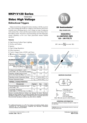 MKP1V120RLG datasheet - Sidac High Voltage Bidirectional Triggers 0.9 AMPERES RMS 120 − 240 VOLTS