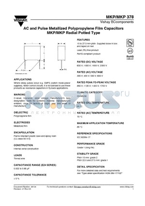 MKP378 datasheet - AC and Pulse Metallized Polypropylene Film Capacitors MKP/MKP Radial Potted Type