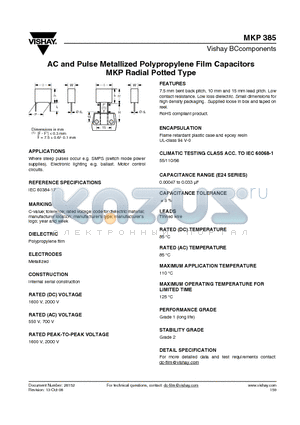 MKP385 datasheet - AC and Pulse Metallized Polypropylene Film Capacitors MKP Radial Potted Type