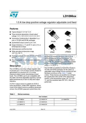 LD1086XX18 datasheet - 1.5 A low drop positive voltage regulator adjustable and fixed	