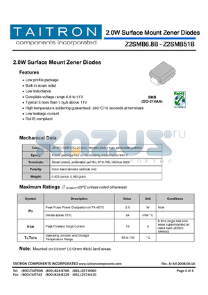 Z2SMB17B datasheet - 2.0W Surface Mount Zener Diodes