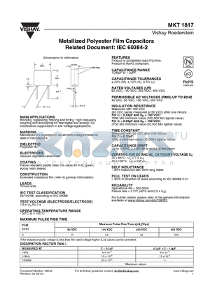 MKT1817-233-255-F datasheet - Metallized Polyester Film Capacitors Related Document: IEC 60384-2