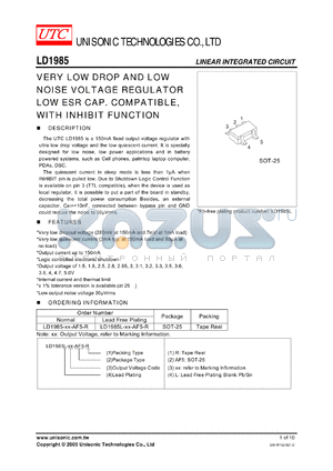 LD1985L-28-AF5-R datasheet - VERY LOW DROP AND LOW NOISE VOLTAGE REGULATOR LOW ESR CAP. COMPATIBLE, WITH INHIBIT FUNCTION