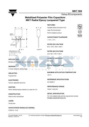 MKT366_08 datasheet - Metallized Polyester Film Capacitors MKT Radial Epoxy Lacquered Type