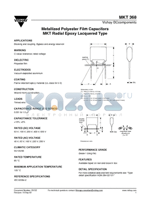 MKT368 datasheet - Metallized Polyester Film Capacitors MKT Radial Epoxy Lacquered Type