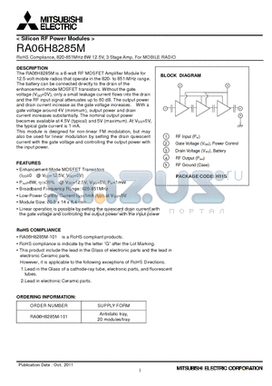RA06H8285M datasheet - RoHS Compliance, 820-851MHz 6W 12.5V, 3 Stage Amp. For MOBILE RADIO