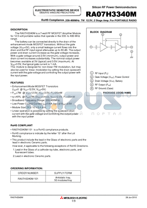 RA07H3340M_10 datasheet - RoHS Compliance ,330-400MHz 7W 12.5V, 2 Stage Amp. For PORTABLE RADIO