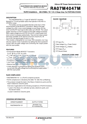 RA07M4047M datasheet - RoHS Compliance , 400-470MHz 7W 7.2V, 2 Stage Amp. For PORTABLE RADIO