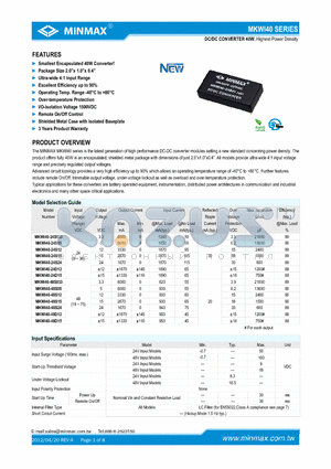 MKWI40-48D15 datasheet - DC/DC CONVERTER 40W, Highest Power Density