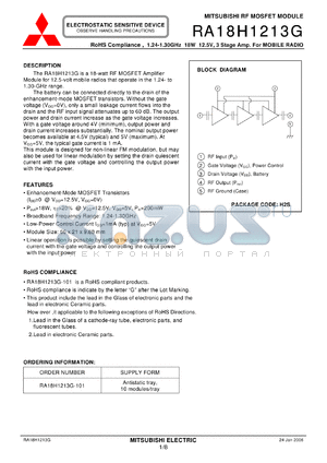 RA18H1213G datasheet - RoHS Compliance , 1.24-1.30GHz 18W 12.5V, 3 Stage Amp. For MOBILE RADIO