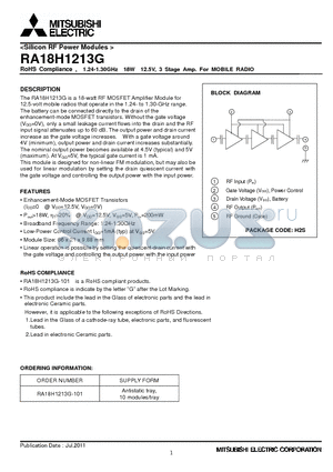 RA18H1213G datasheet - RoHS Compliance , 1.24-1.30GHz 18W 12.5V, 3 Stage Amp. For MOBILE RADIO