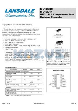 ML12011EP datasheet - MECL PLL Components Dual Modulus Prescaler