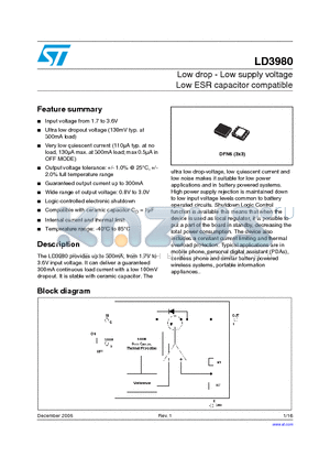 LD3980 datasheet - Low drop - Low supply voltage Low ESR capacitor compatible